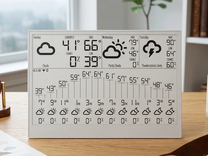 LuxWX E-Ink monochrome display showing weather forecast