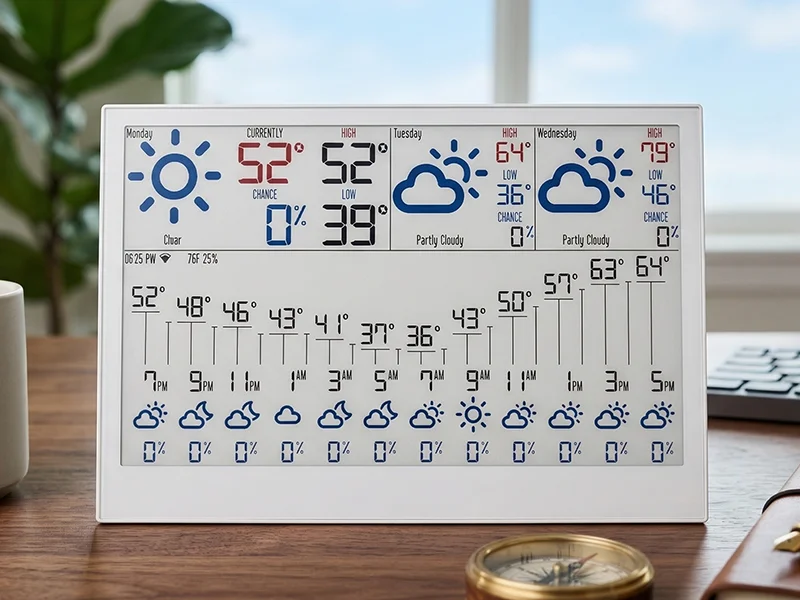LuxWX E-Ink color display showing weather forecast